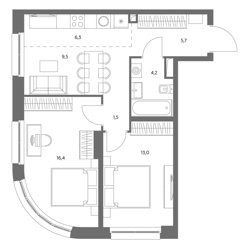 3 ккв (Евро) 57 м²