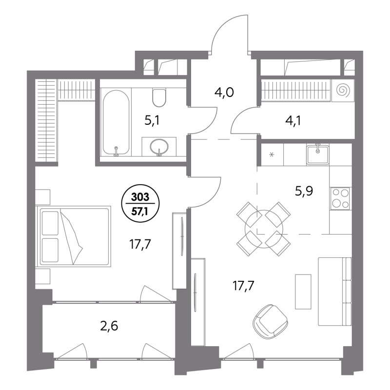 2 ккв (Евро) 57,1 м²