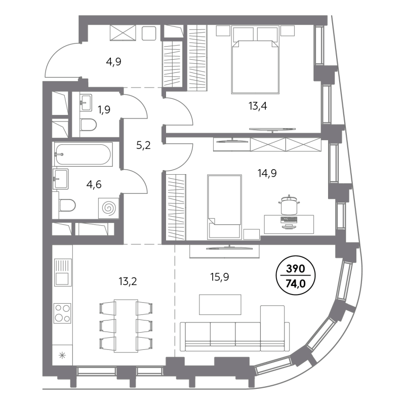 3 ккв (Евро) 74 м²