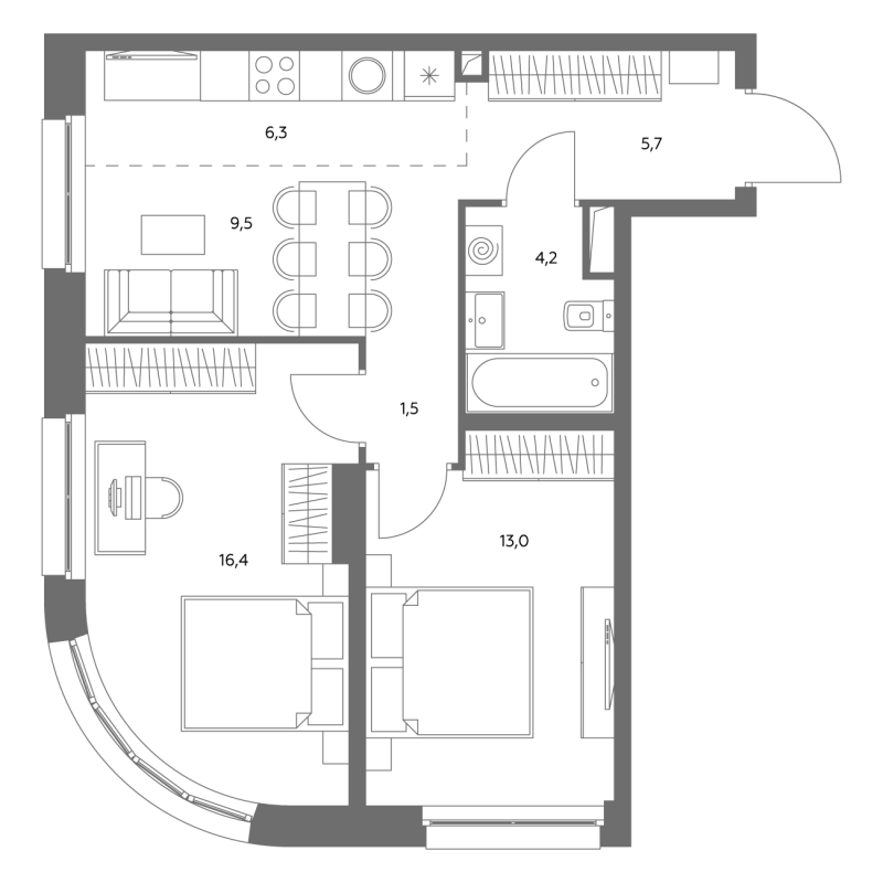 3 ккв (Евро) 57 м²