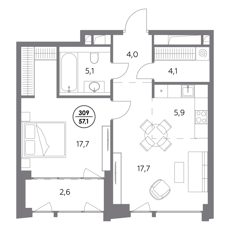 2 ккв (Евро) 57,1 м²