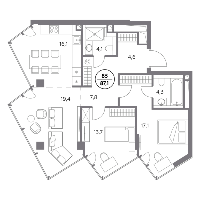 3 ккв (Евро) 87,1 м²