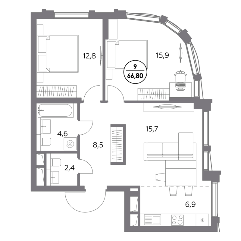 2 ккв (Евро) 66,8 м²