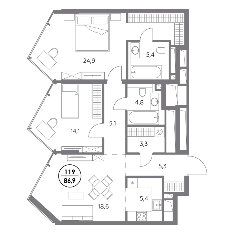 3 ккв (Евро) 86,9 м²