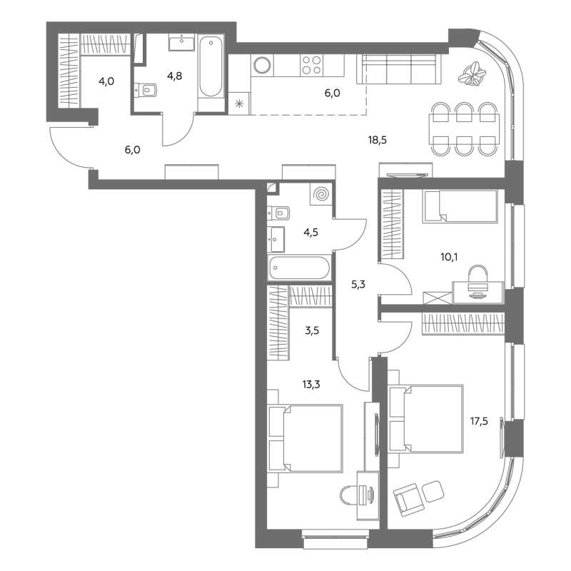 4 ккв (Евро) 93,9 м²