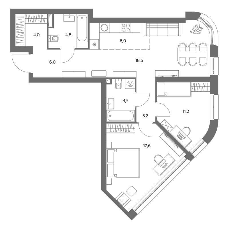 3 ккв (Евро) 76,8 м²
