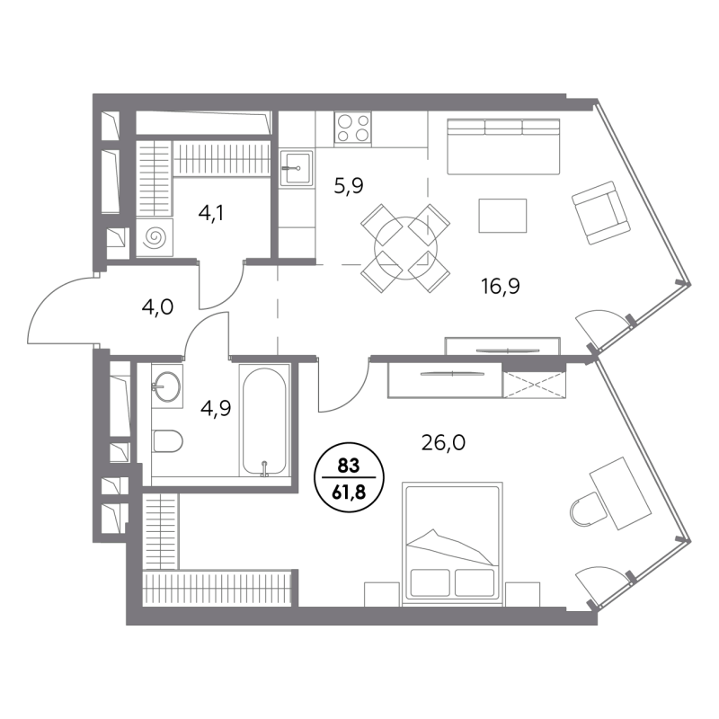 2 ккв (Евро) 61,8 м²