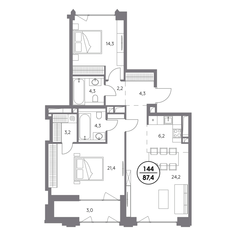 3 ккв (Евро) 87,4 м²