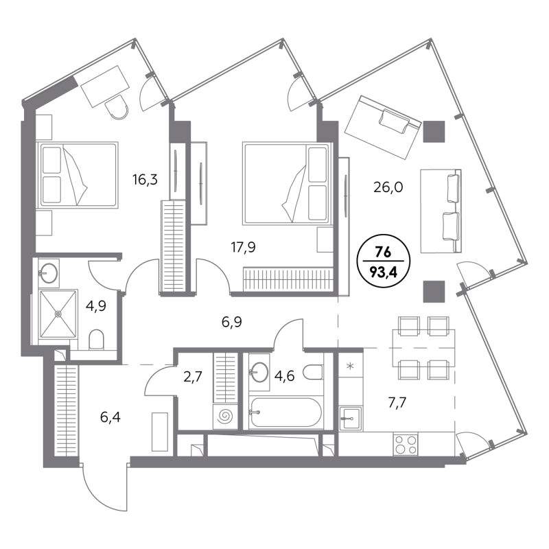 3 ккв (Евро) 93,4 м²