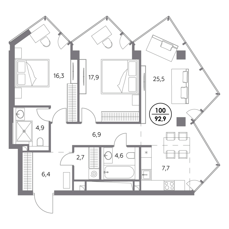 3 ккв (Евро) 92,9 м²