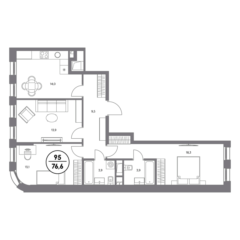 3 ккв 76,6 м²