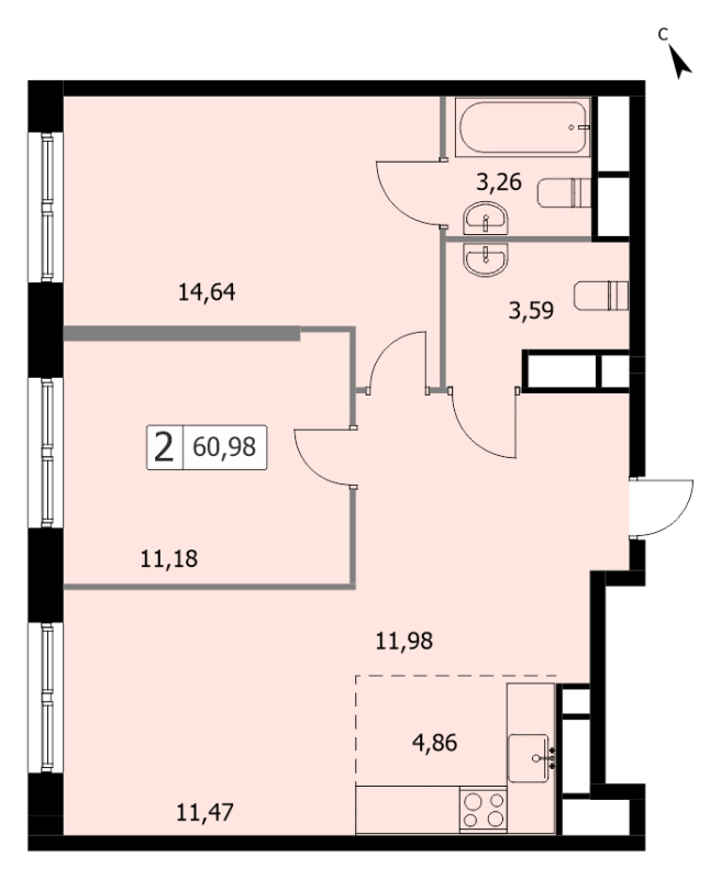 3 ккв (Евро) 60,9 м²