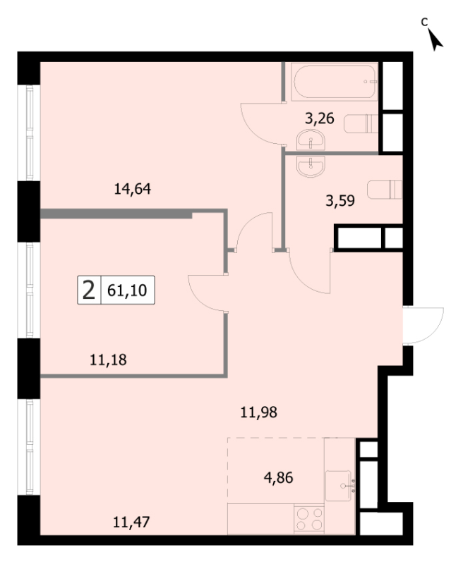 3 ккв (Евро) 61 м²