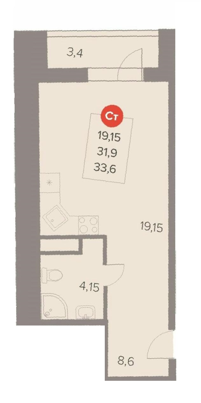 Студия 33,6 м²