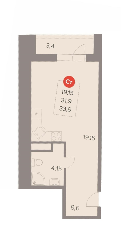 Студия 33,6 м²