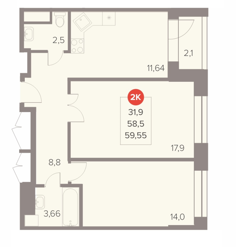 2 ккв 59,6 м²