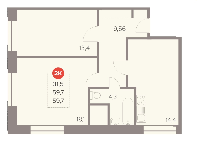 2 ккв 59,7 м²