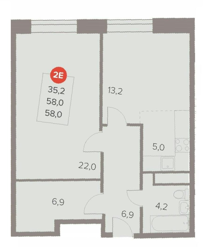 2 ккв (Евро) 58 м²
