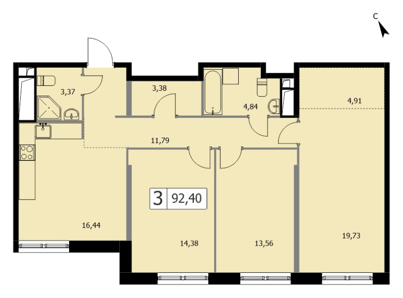 4 ккв (Евро) 92,6 м²