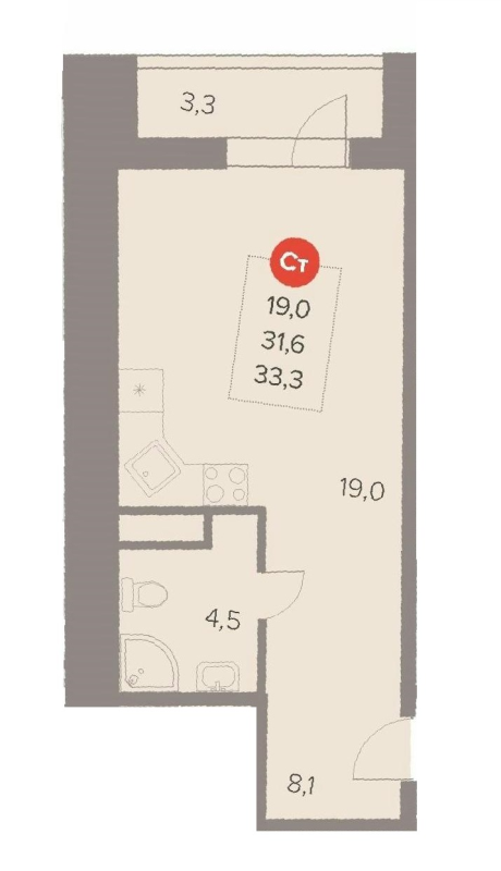 Студия 33,3 м²