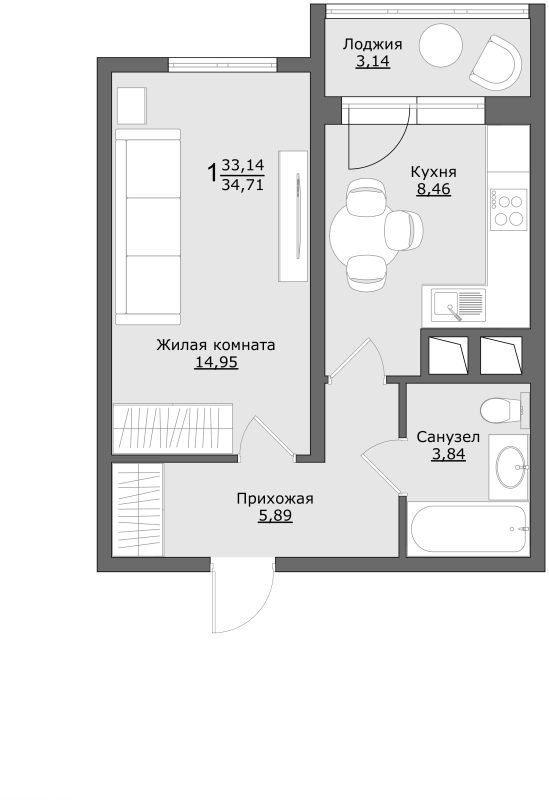 1 ккв 34,7 м²