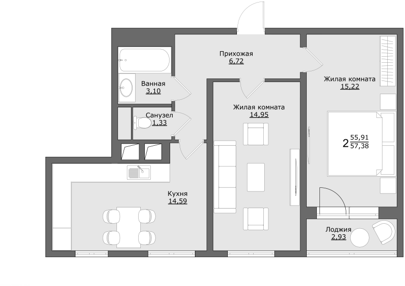 2 ккв 57,4 м²