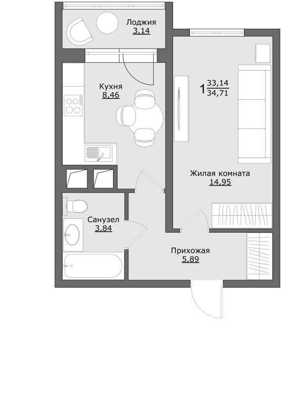 1 ккв 34,7 м²