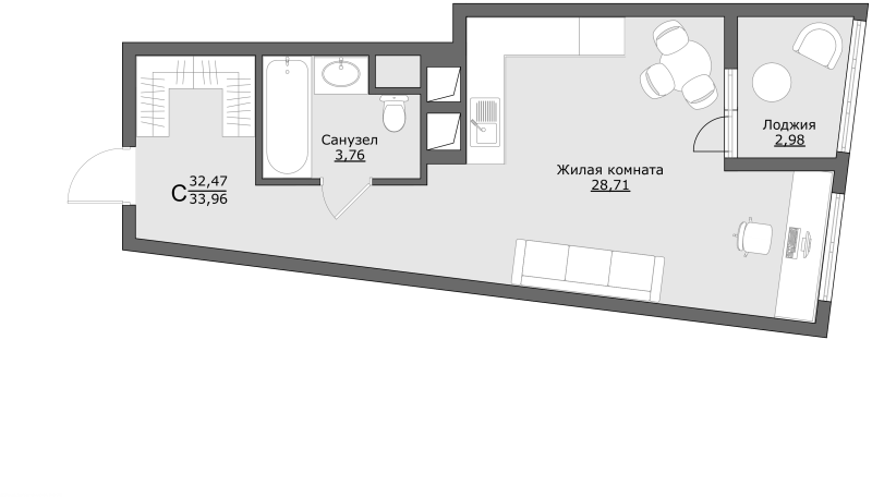 Студия 34 м²