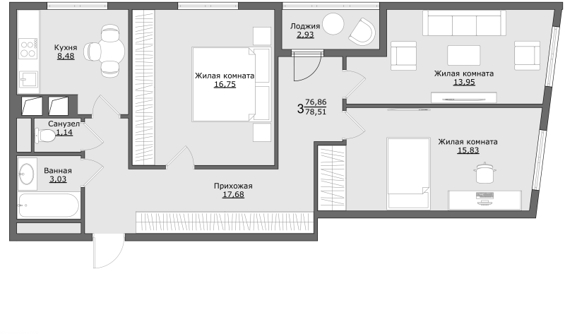 3 ккв 78,5 м²