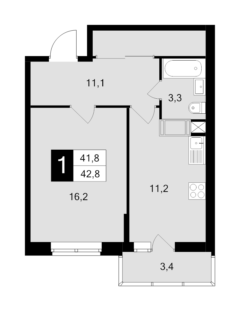 1 ккв 42,8 м²
