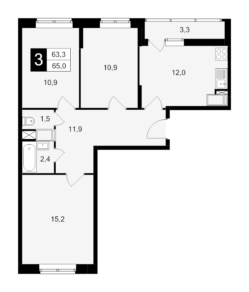 3 ккв 65 м²