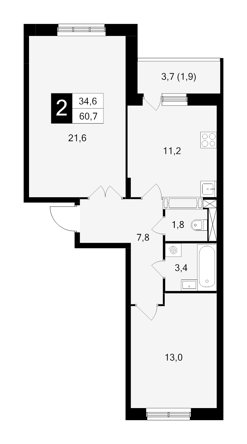 2 ккв 60,7 м²