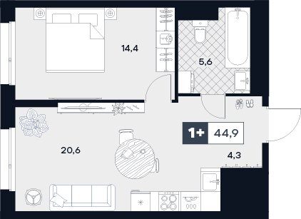 2 ккв (Евро) 44,9 м²