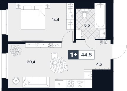 2 ккв (Евро) 44,8 м²