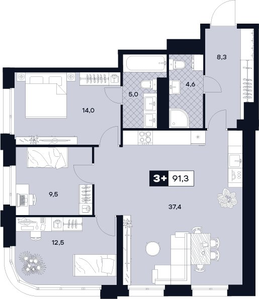 4 ккв (Евро) 91,3 м²