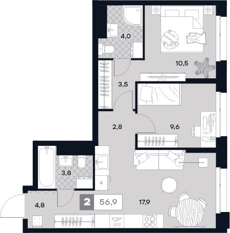3 ккв (Евро) 56,9 м²