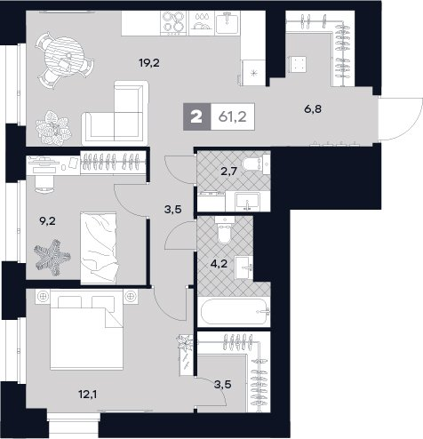 3 ккв (Евро) 61,2 м²