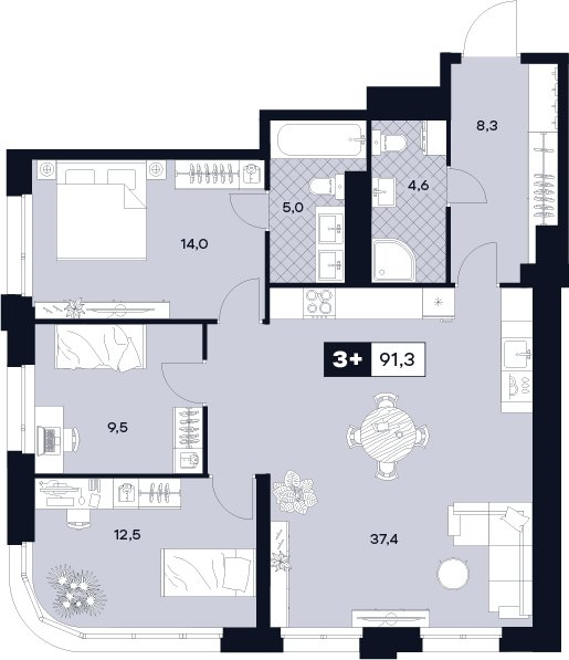 4 ккв (Евро) 91,3 м²