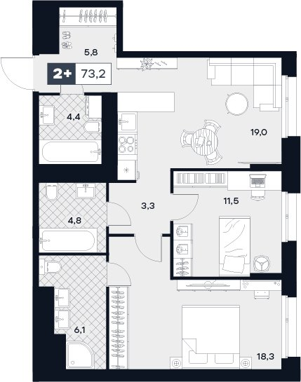 3 ккв (Евро) 73,2 м²