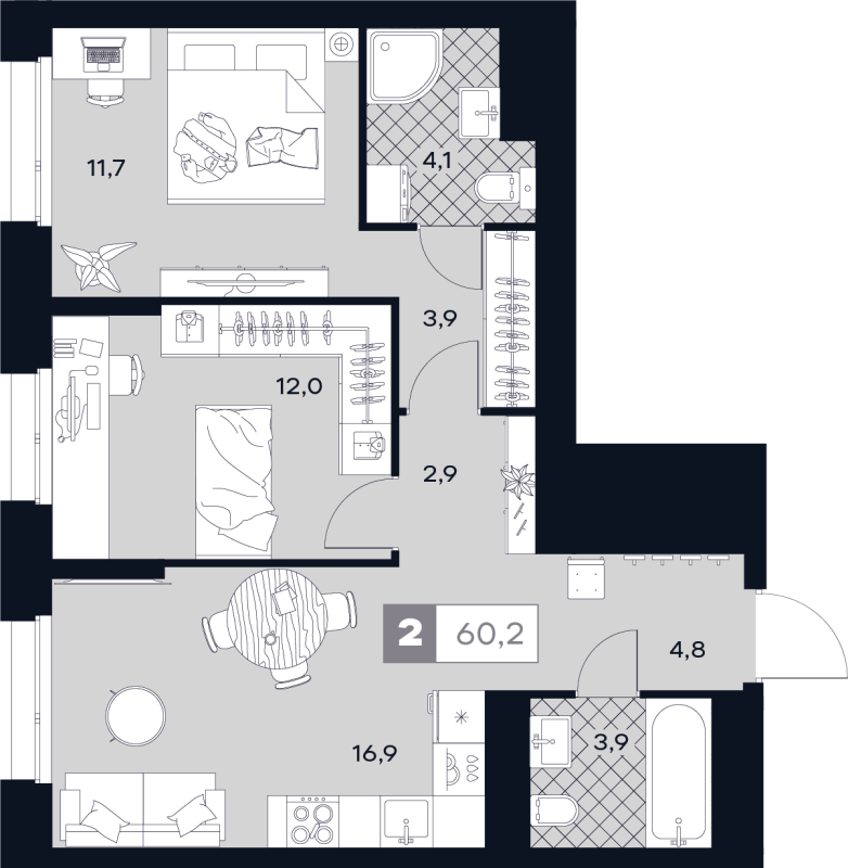 3 ккв (Евро) 60,2 м²