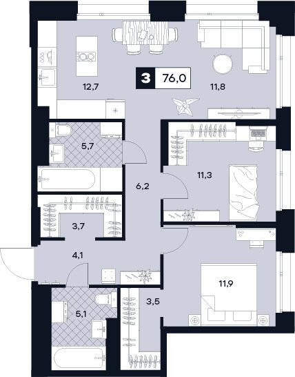 3 ккв (Евро) 76 м²