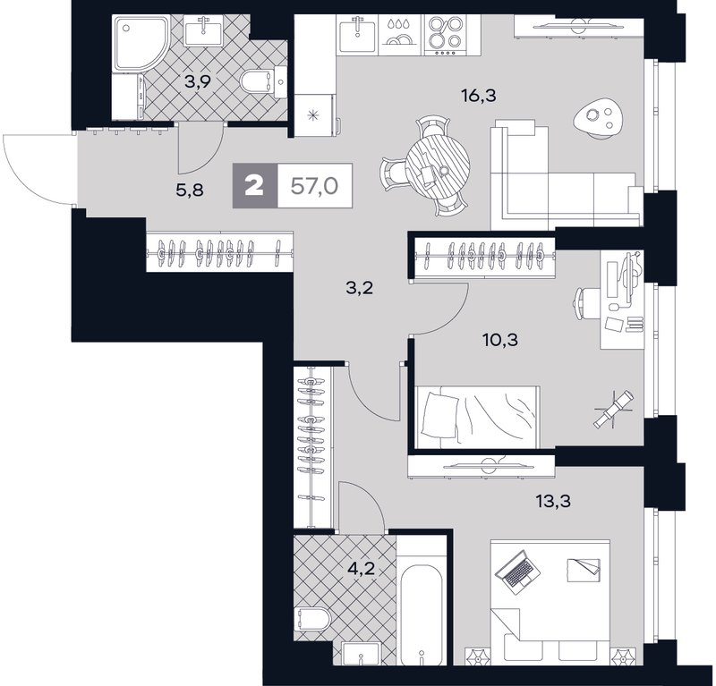 3 ккв (Евро) 57 м²