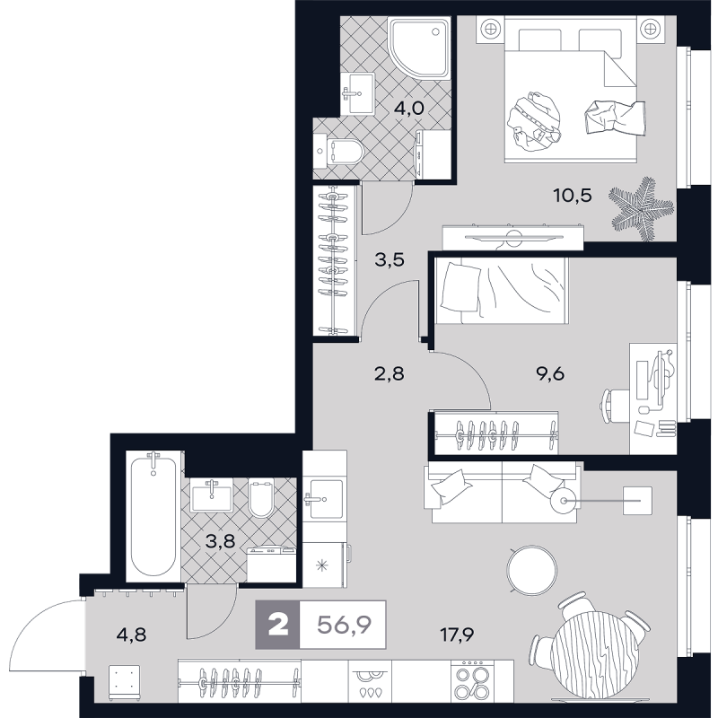 3 ккв (Евро) 56,9 м²