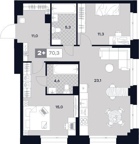 3 ккв (Евро) 70,7 м²