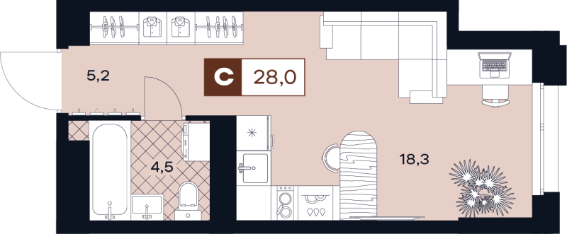 Студия 28 м²