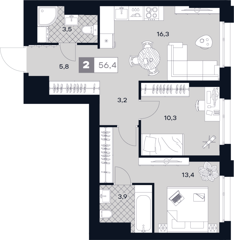 3 ккв (Евро) 56,4 м²