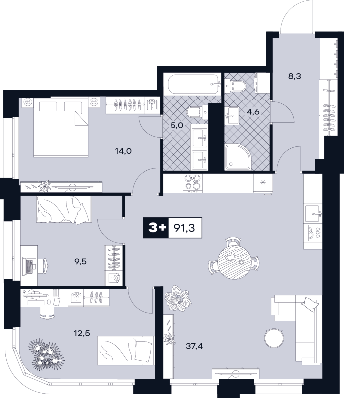 4 ккв (Евро) 91,3 м²