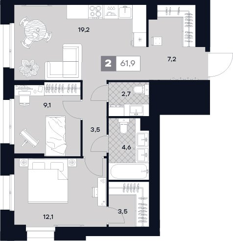 3 ккв (Евро) 61,9 м²