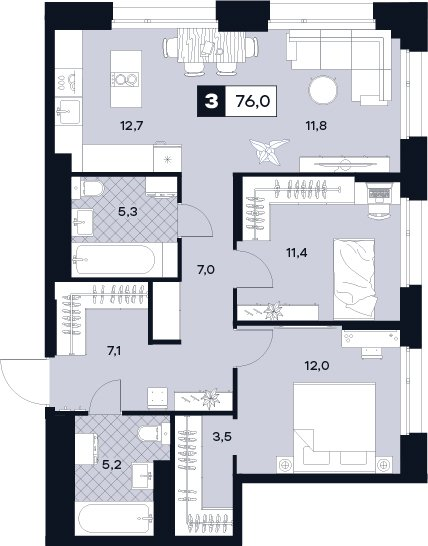 3 ккв (Евро) 76 м²