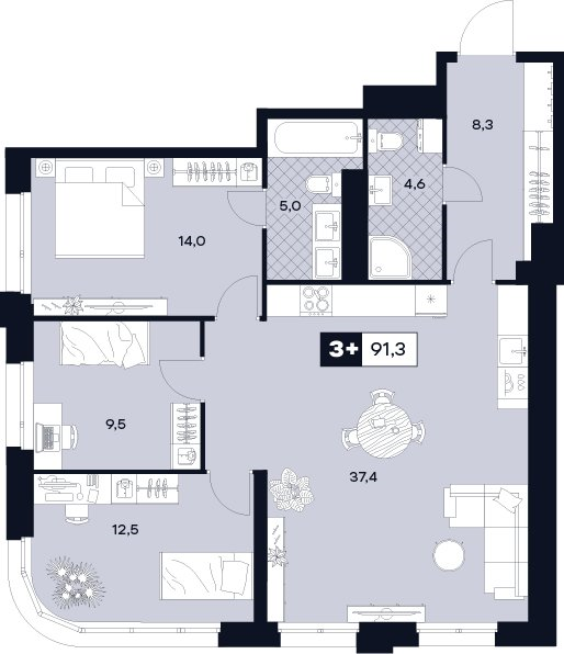 4 ккв (Евро) 91,3 м²